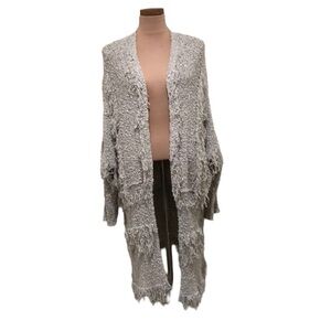 Ischiko Cardigan Tunic Sweater Size Medium 10 Gray Fringe Crochet Knit